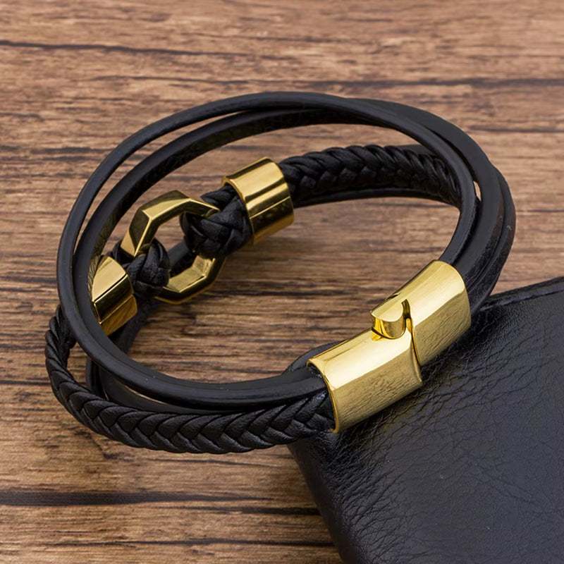 Load image into Gallery viewer, Tendy Fashion Luxury Braided Rope Stainless Steel Men Leather Bracelet Gold Color