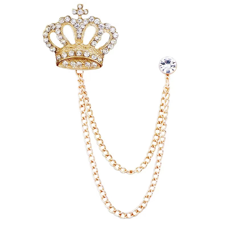 Load image into Gallery viewer, Korean Luxury Rhinestone Crown Brooch Pin Tassel Lapel Pins Suit Shirt