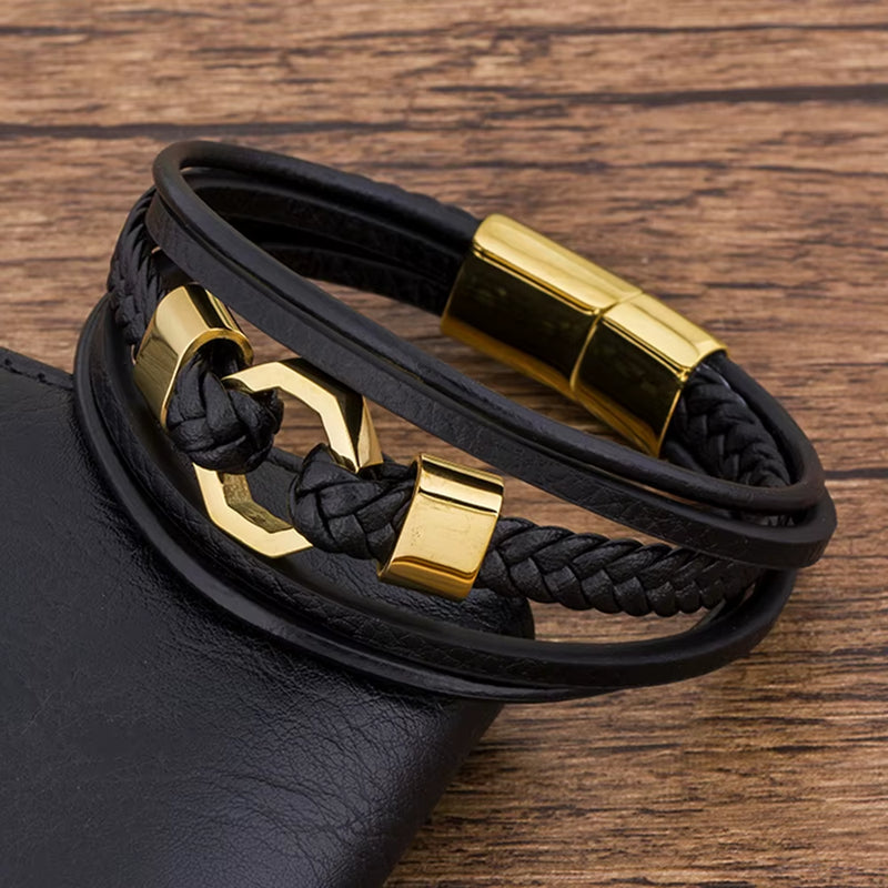 Load image into Gallery viewer, Tendy Fashion Luxury Braided Rope Stainless Steel Men Leather Bracelet Gold Color