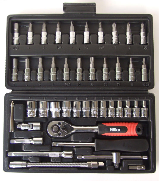 Chrome vanadium sockets and bits. Fully heat-treated alloy steel ratchet and accessories. Polished chrome finish for durability. Quick release, soft grip, 72 tooth ratchet. Wall drive sockets for increased torque.