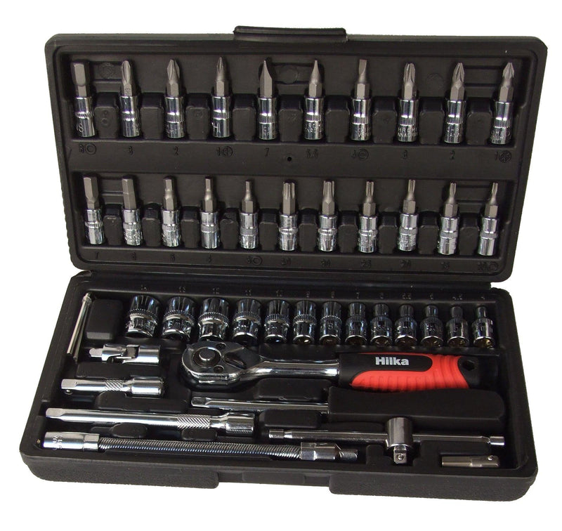 Load image into Gallery viewer, A compact 46-piece 1/4" drive socket set neatly arranged in a durable case." "A close-up of a comprehensive 1/4" drive socket set, featuring various socket sizes."