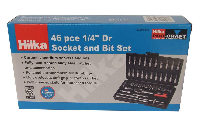 Load image into Gallery viewer, Top view of a 46-piece 1/4" drive socket set with clearly labeled sockets and extensions."