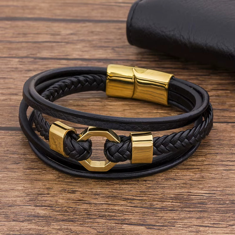 Load image into Gallery viewer, Tendy Fashion Luxury Braided Rope Stainless Steel Men Leather Bracelet Gold Color