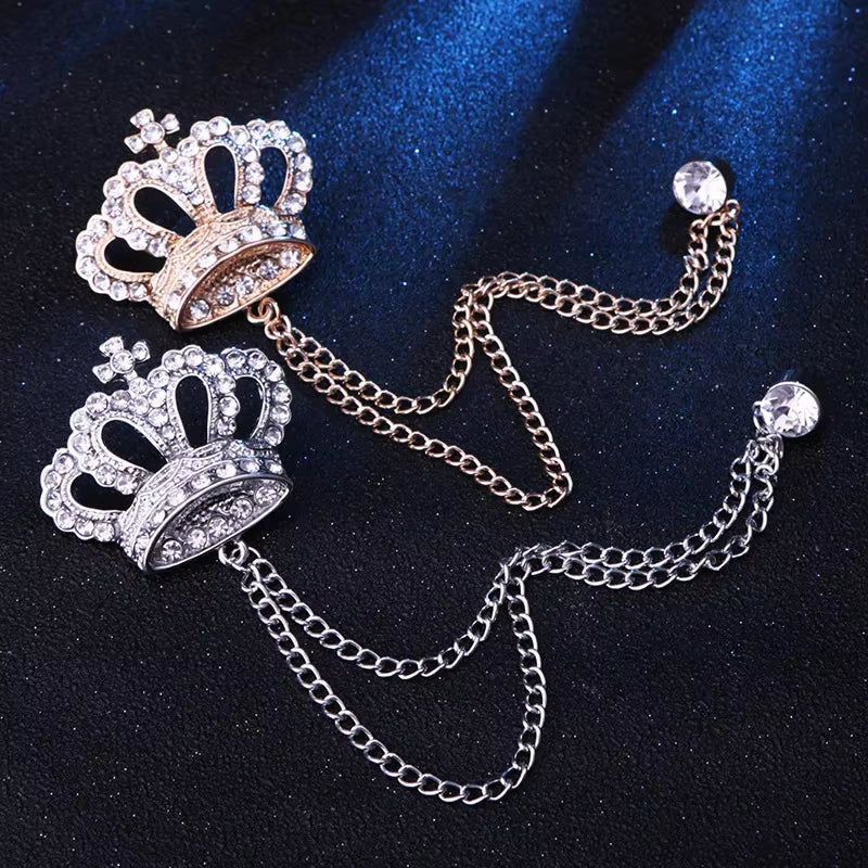 Load image into Gallery viewer, Korean Luxury Rhinestone Crown Brooch Pin Tassel Lapel Pins Suit Shirt