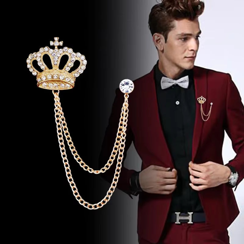 Load image into Gallery viewer, Korean Luxury Rhinestone Crown Brooch Pin Tassel Lapel Pins Suit Shirt