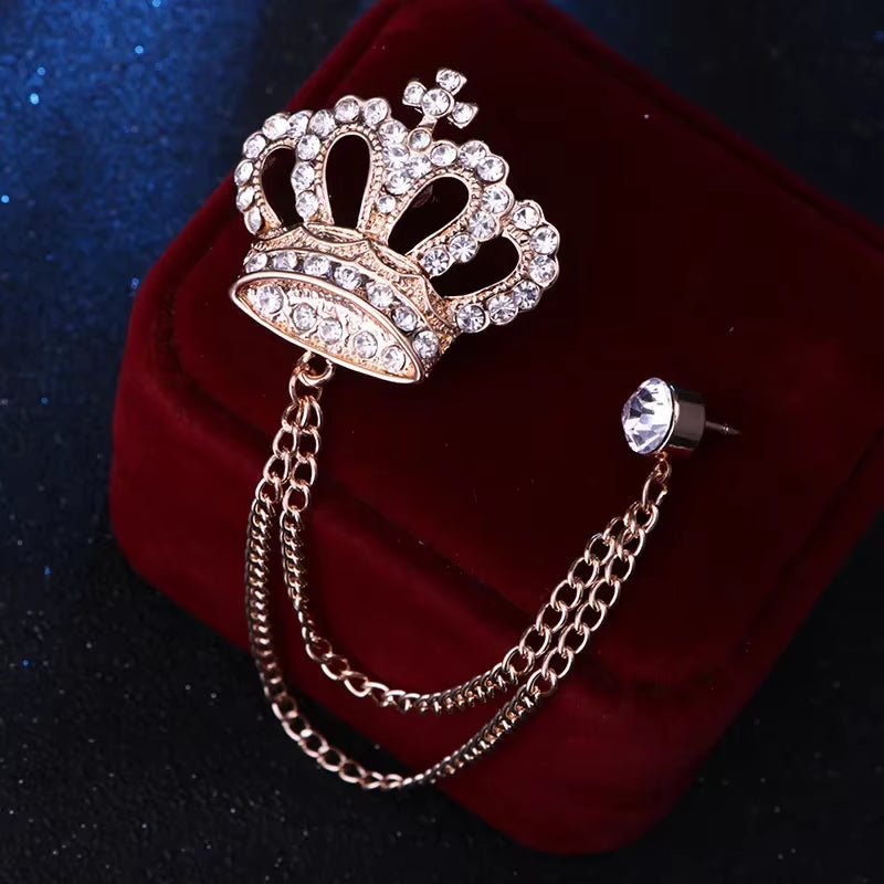 Load image into Gallery viewer, Korean Luxury Rhinestone Crown Brooch Pin Tassel Lapel Pins Suit Shirt