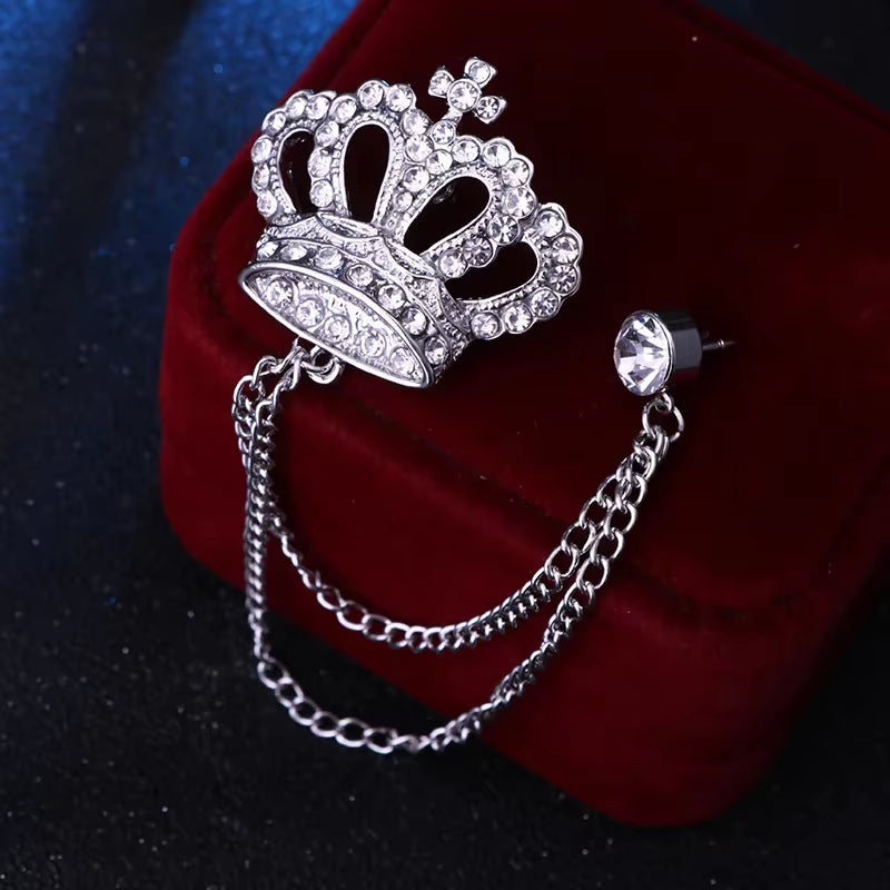 Load image into Gallery viewer, Korean Luxury Rhinestone Crown Brooch Pin Tassel Lapel Pins Suit Shirt