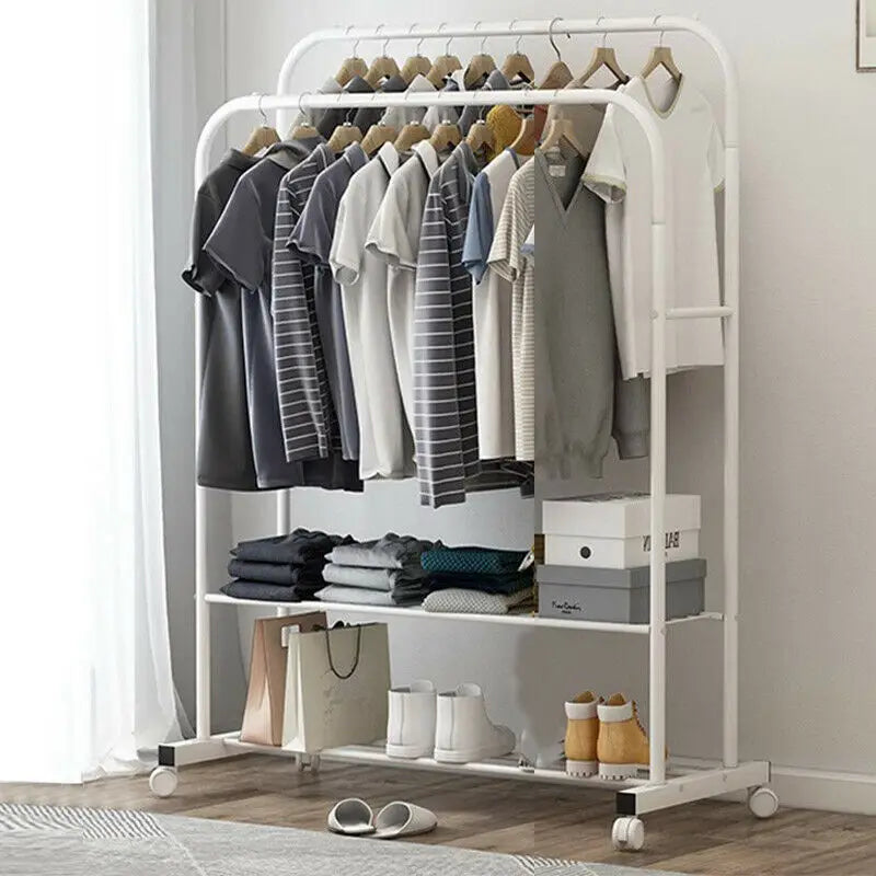 Load image into Gallery viewer, 1.5M Large Clothes Rack Double Rail Rolling Stand Shoes Rack Storage Shelf White