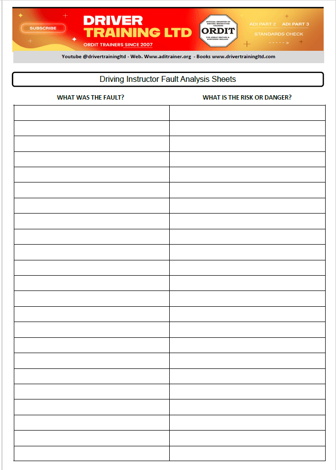 Load image into Gallery viewer, Focused Fault Analysis: Get into the habit of correctly identifying mistakes made by learners, then perform a thorough and accurate analysis of each fault. This process will help you improve your ability to give effective feedback and guide your pupils toward safer driving habits.
Structured Approach: Each worksheet follows a logical structure, allowing you to break down and assess driving faults step-by-step, ensuring no detail is overlooked.