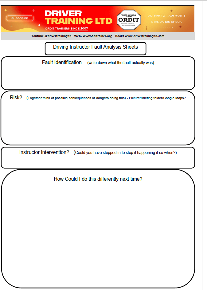 Load image into Gallery viewer, ADI Part 3 Fault Analysis worksheet -  ADI Part 3 Fault Analysis Worksheet for driving instructors with ADI Part 3 or ADI Standards Check, this helps you to get in the habit of correctly identifying the mistake and then getting an accurate analysis of it 
ADI Part 3 Fault Analysis Sheets - A Comprehensive Tool for Driving Instructors
A4 Coil-bound Book for easy writing - Keep the sheets or give them to your student