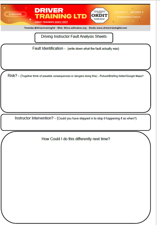 ADI Part 3 Fault Analysis worksheet -  ADI Part 3 Fault Analysis Worksheet for driving instructors with ADI Part 3 or ADI Standards Check, this helps you to get in the habit of correctly identifying the mistake and then getting an accurate analysis of it 
ADI Part 3 Fault Analysis Sheets - A Comprehensive Tool for Driving Instructors
A4 Coil-bound Book for easy writing - Keep the sheets or give them to your student