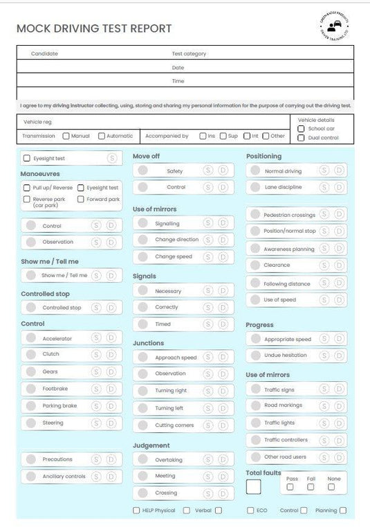 driving test marking sheet
