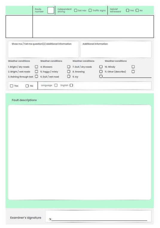 driving school mock driving test marking sheet