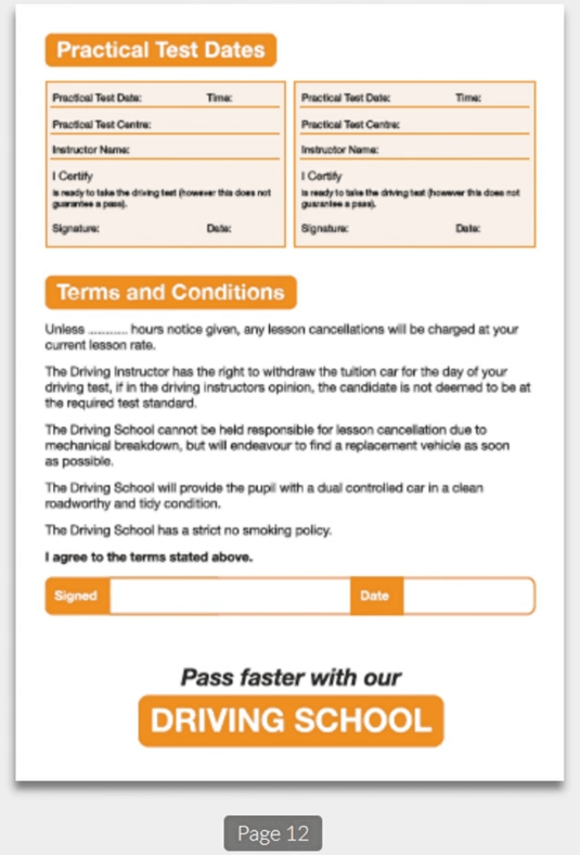 driving lessons pupils record card progress and appointments book