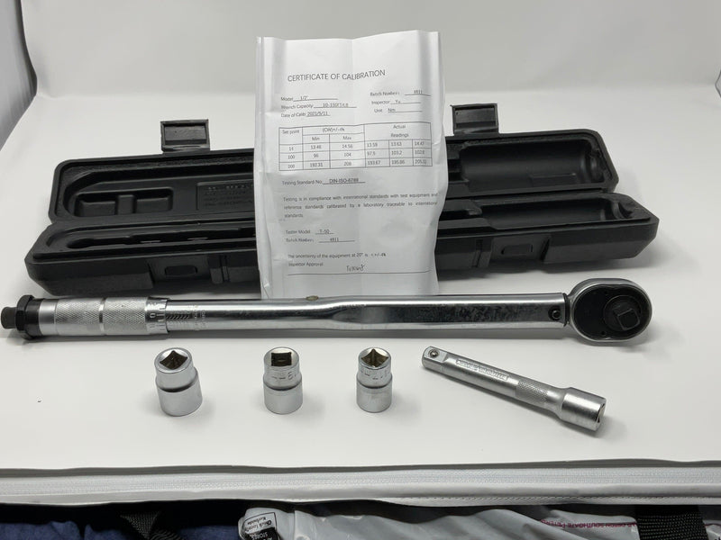 Load image into Gallery viewer, 1/2" torque wrench with calibration certificate, sockets, and case for automotive repair tools