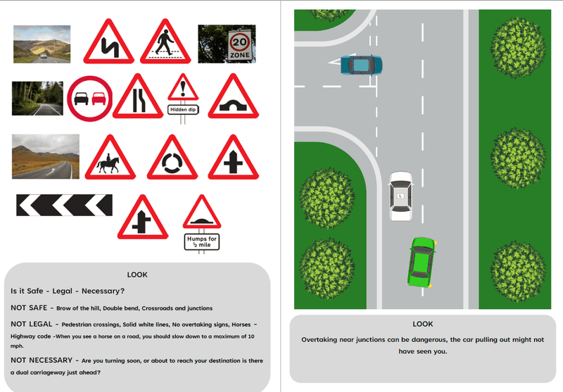 Load image into Gallery viewer, Driving lesson diagrams showing road signs and overtaking scenarios for ADI Part 2 & 3 training
