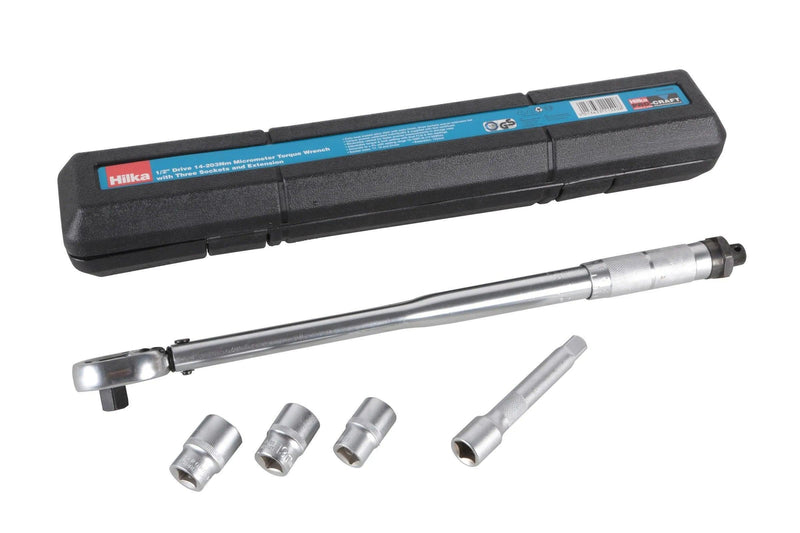 Load image into Gallery viewer, Hilka 1/2" Drive Micrometer Torque Wrench with 3 Sockets & Extension, precision tool for automotive maintenance