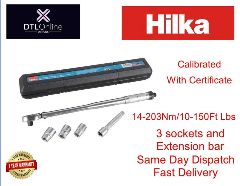 Load image into Gallery viewer, Hilka calibrated torque wrench with 3 sockets, extension bar, and certificate for automotive use
