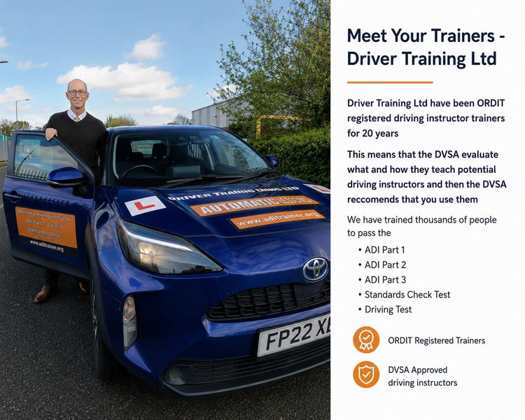 Driving instructor trainer beside blue ADI training car with L plates, promoting ADI Part 1 2 3 and Standards Check