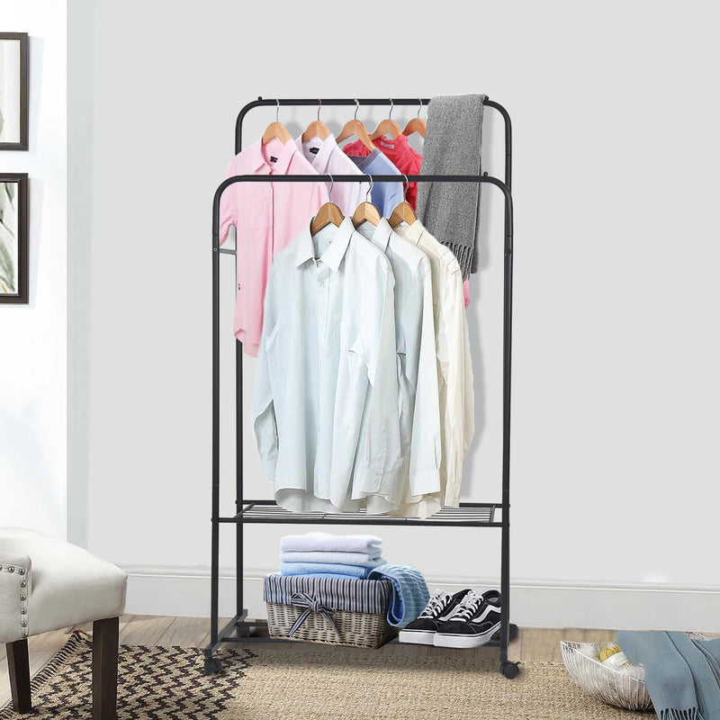 Load image into Gallery viewer, 1.5M Large Clothes Rack Double Rail Rolling Stand Shoes Rack Storage Shelf White
