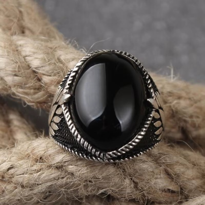 Load image into Gallery viewer, Vintage Black Agate Stone Finger Rings for Men Accessories
