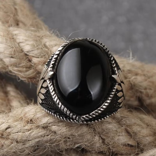 Vintage Black Agate Stone Finger Rings for Men Accessories