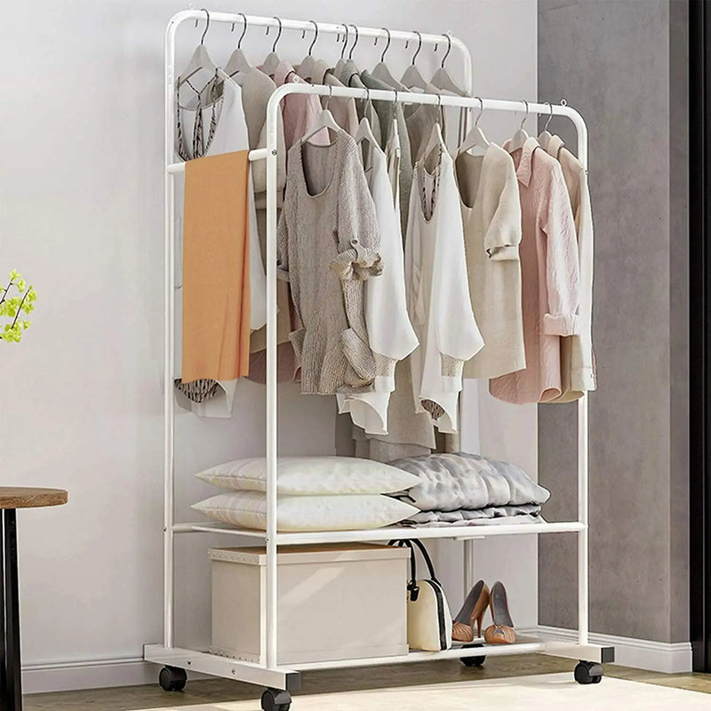 Load image into Gallery viewer, 1.5M Large Clothes Rack Double Rail Rolling Stand Shoes Rack Storage Shelf White
