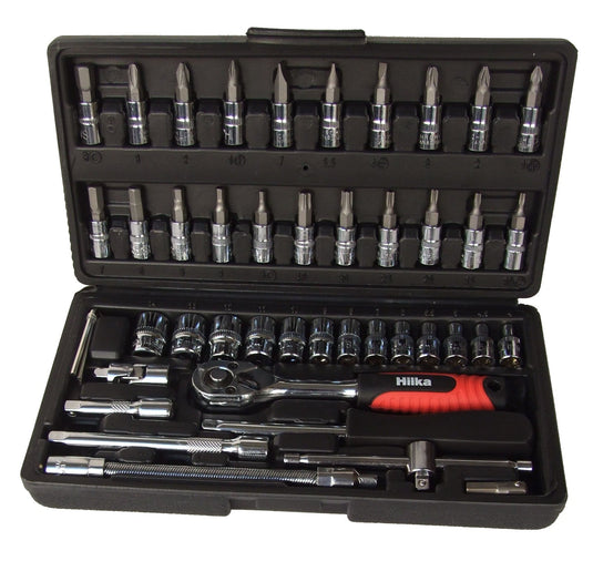 A compact 46-piece 1/4" drive socket set neatly arranged in a durable case." "A close-up of a comprehensive 1/4" drive socket set, featuring various socket sizes."