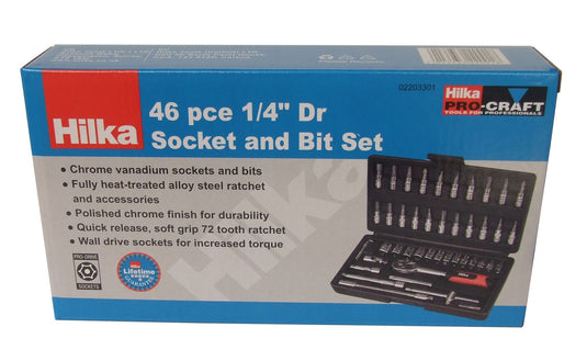 Top view of a 46-piece 1/4" drive socket set with clearly labeled sockets and extensions."