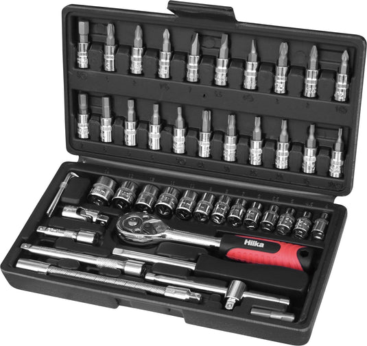 An organized arrangement of sockets, ratchets, and accessories in a 1/4" drive socket set." "Detailed shot of a versatile 1/4" drive socket set, perfect for automotive and home repairs.