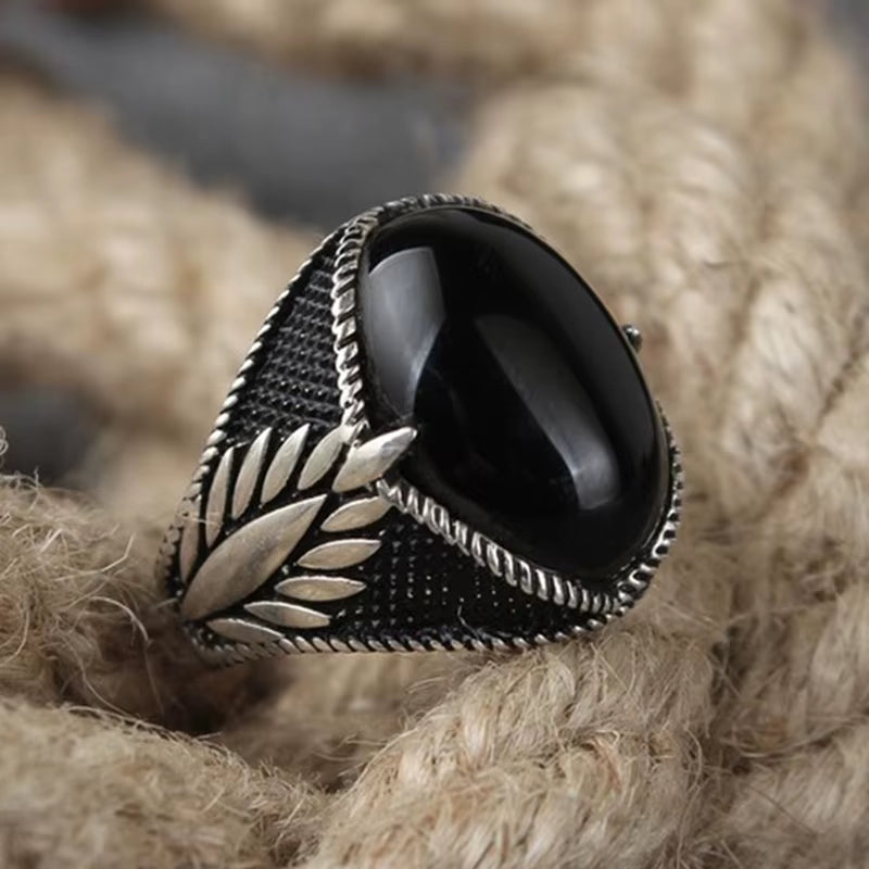Load image into Gallery viewer, Vintage Black Agate Stone Finger Rings for Men Accessories
