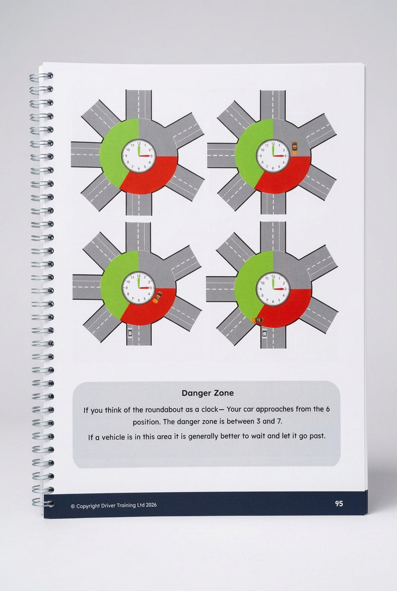 Load image into Gallery viewer, A spiral-bound booklet page showing four circular road-crossing diagrams with green and red danger zones, plus explanatory text about the danger zone.
