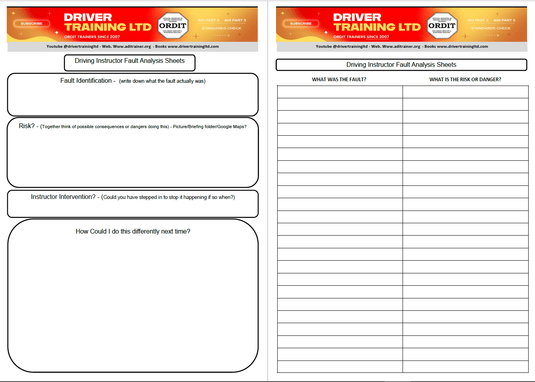 Unlock the key to success in your ADI Part 3 or ADI Standards Check with the ADI Part 3 Fault Analysis Sheets. Specifically designed for driving instructors, these worksheets provide an invaluable tool to help you identify and analyze driving faults with precision and confidence.

This resource is perfect for both new and experienced ADIs looking to fine-tune their teaching skills and enhance their understanding of fault analysis. Whether you are preparing for the ADI Part 3 test, improving your instruction