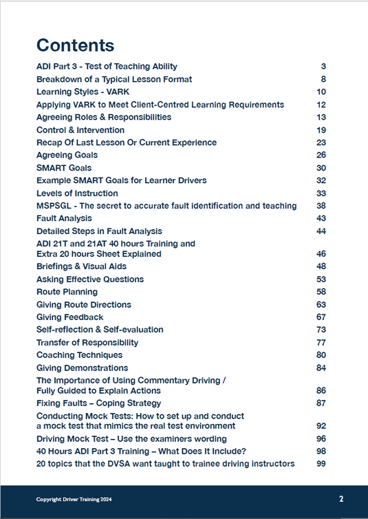 

What Does Our ADI Part 3 Skills Include?

Our ADI Part 3 training programme is meticulously designed to cover all the essential skills and knowledge required to pass the test. With a focus on both practical and theoretical instruction, we ensure that you are well-prepared to meet the DVSA’s standards. Here’s what you can expect:

Learning Styles and VARK