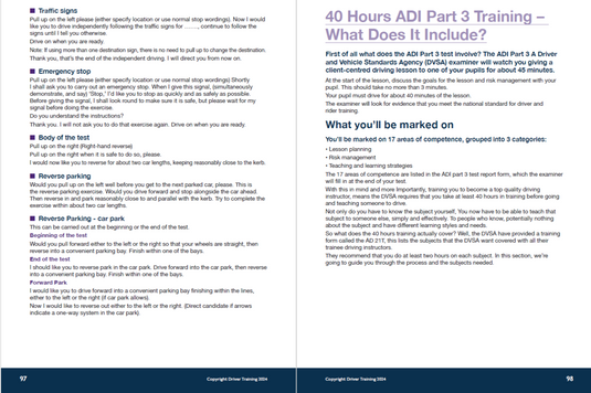 Master the MSPSL routine (Mirror, Signal, Position, Speed, Look) for accurate fault identification and teaching. Develop your skills in fault analysis to provide constructive feedback that fosters improvement.

DVSA Training Requirements

Our course includes a comprehensive overview of the ADI21T and ADI21AT requirements, ensuring you understand the DVSA’s expectations. This includes covering the 20 key topics that trainee driving instructors must learn.