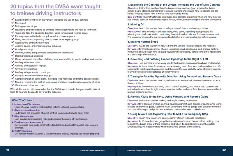 Load image into Gallery viewer,  Briefings and Visual Aids

Learn how to deliver effective briefings using visual aids to enhance understanding. This is particularly useful for explaining complex concepts or manoeuvres.

Asking Effective Questions

Develop the art of asking open and closed questions to assess your learners’ understanding and encourage self-reflection.

Route Planning and Directions

Plan and deliver routes that match your pupils’ skill levels while challenging them to 
