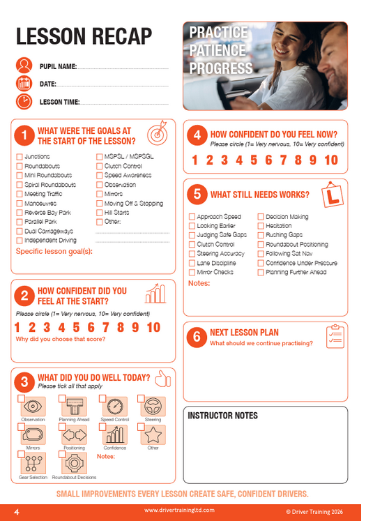 Lesson recap form for driver training with questions and space for responses.