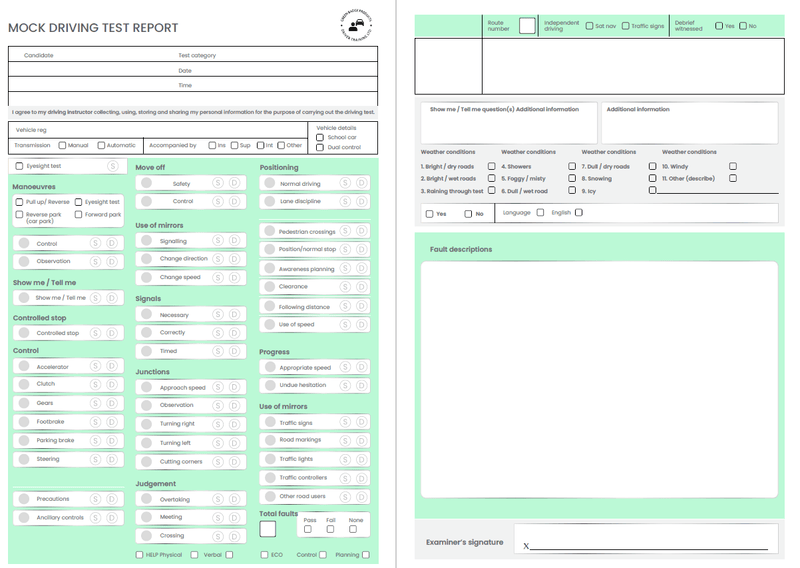 Mock Test Sheets For UK Driving Test Driver Training Ltd