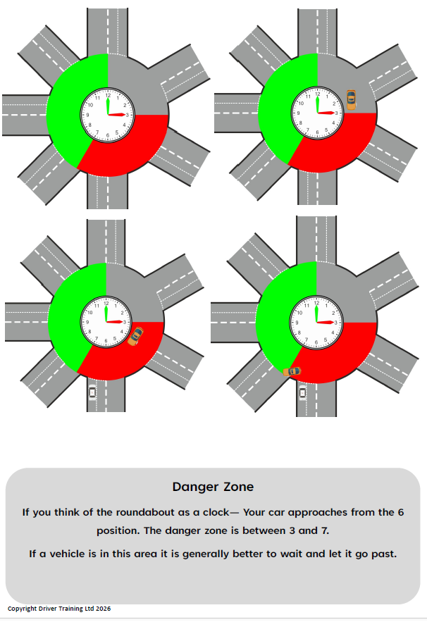 Load image into Gallery viewer, roundabout danger zone, danger zone roundabouts, roundabout hazard zone, roundabout risk area, where is the danger zone roundabout, roundabout 3 to 7 clock, roundabout clock method, roundabout gap judgement danger zone, when is it safe to go roundabout, roundabout observation danger zone, vehicles from the right roundabout, roundabout priority rules uk, learner driver roundabouts, driving test roundabouts tips, adi part 3 roundabouts, adi risk management roundabouts, identifying hazards roundabouts, roundab
