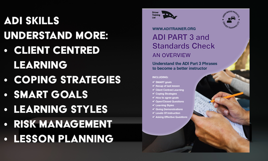 ADI PART 3 SKILLS
This essential guide is your ultimate companion to understanding the ADI Part 3 test and transforming your teaching approach. What You'll Learn: Lesson Planning: Craft effective, tailored lesson plans based on pupil experience and learning needs. Client-Centered Learning: Empower learners with SMART goals, coping strategies, and tailored instruction. Effective Communication: Master open/closed questions, route directions, and learning styles for every pupil. Risk Management: Keep lessons