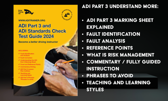 ADI PART 3 GUIDE

Each subject is comprehensively covered including understanding the marking sheet, fault identification, Fault Analysis and Pupil Reference Points. The thicker covers ensure durability and ease of use. * Includes Detailed Instruction - Unlike other ADI Part 3 and ADI Standards Check Test Guides, ours provides a simple but comprehensive explanation of the aspects of taking the ADI Part 3