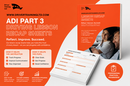 Promotional material for driving lesson recap sheets with a couple in a car, for adi part 3 training