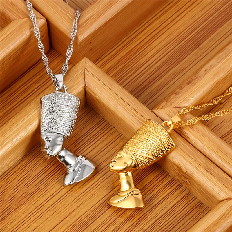 Load image into Gallery viewer, Ancient Egyptian Queen Nefertiti Pharaoh Pendant Necklace Gold Color for Women Men Jewelry Gold Silver Color Hip Hop Jewellery
