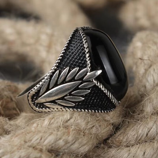 Vintage Black Agate Stone Finger Rings for Men Accessories