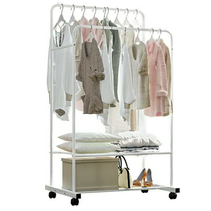 Load image into Gallery viewer, 1.5M Large Clothes Rack Double Rail Rolling Stand Shoes Rack Storage Shelf White
