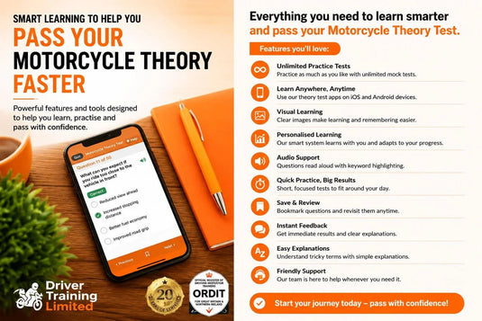 Motorcycle theory test app with practice questions, features, and study tools for UK learners