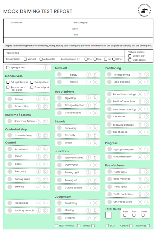 mock driving test sheets uk