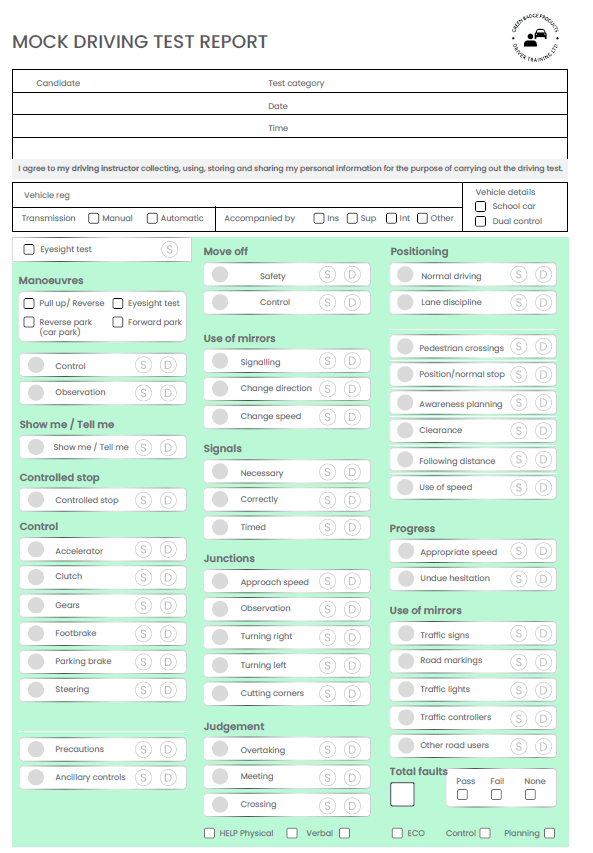 mock driving test sheets uk