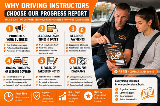 Driving instructor and pupil reviewing A5 progress report book for ADI training and lesson planning