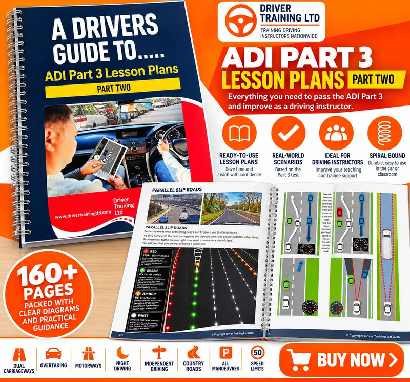 Load image into Gallery viewer, Driver Training Ltd ADI Part 3 Lesson Plans Part Two spiral-bound guide and open pages.
